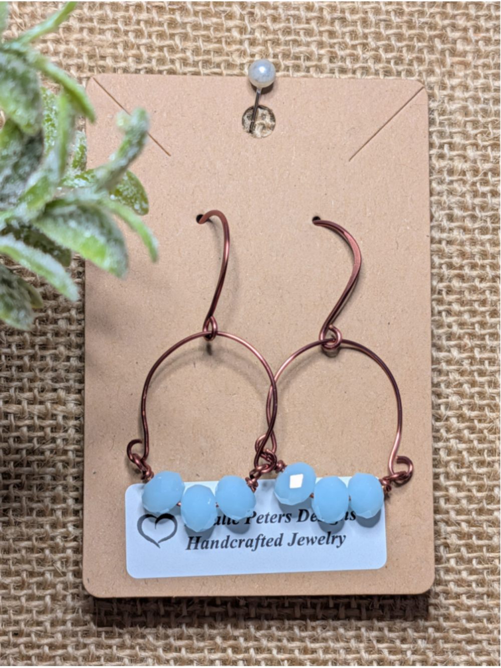 Handcrafted Boho Copper Hand Wire Wrapped Blue Bead Hoop Drop Earrings Coastal